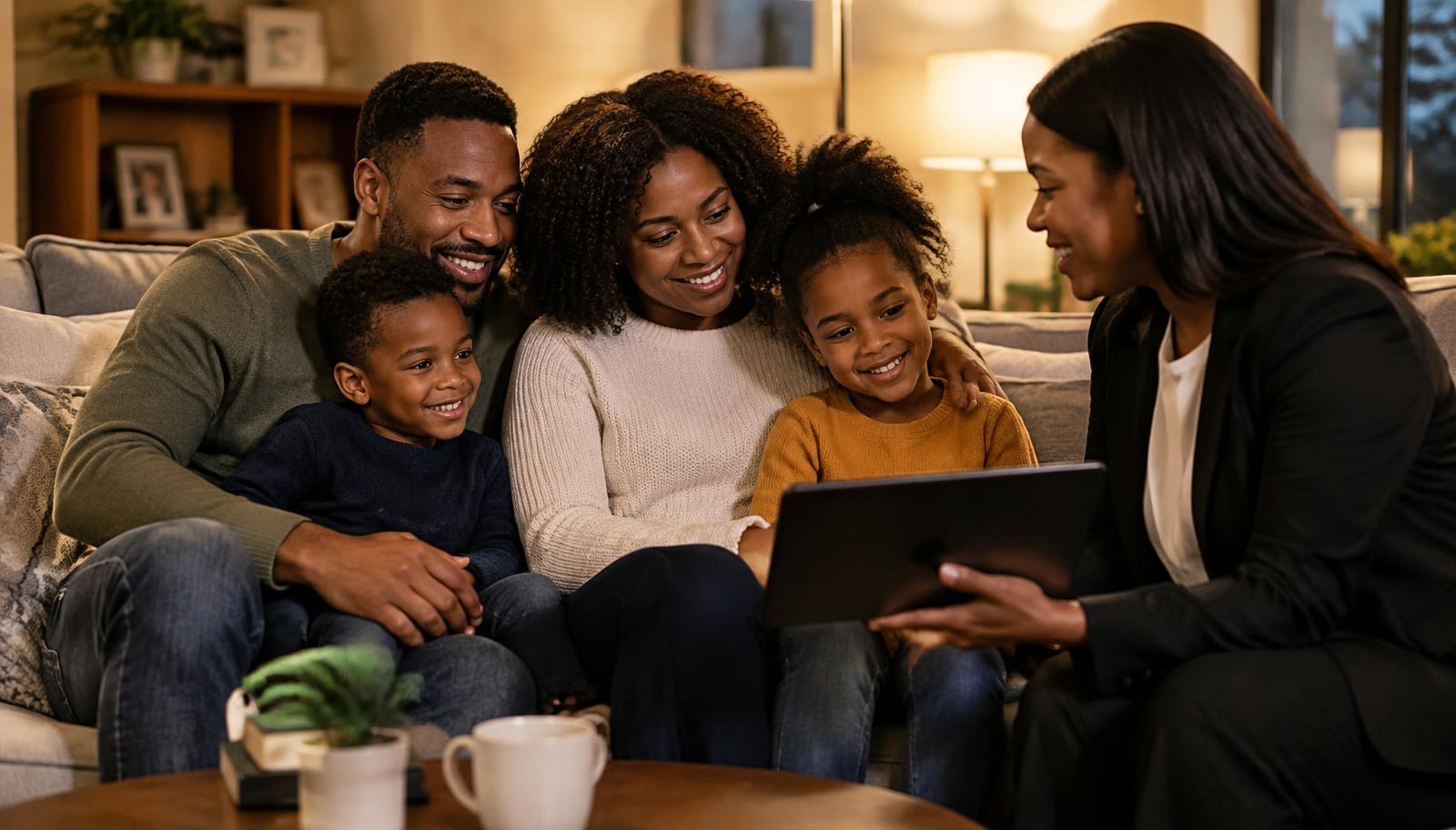 Advisor sharing coverage options with a family on the couch
